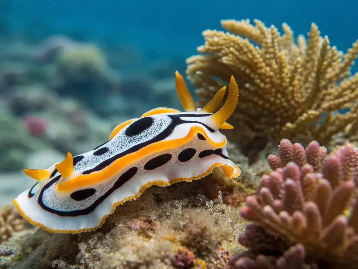 A Chromodoris dianae nudibranch crossing hard coral